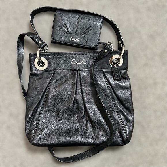 Coach Ashley Hippie Shoulder Bag w Wallet Black Leather Crossbody Satchel Silver - Picture 1 of 13